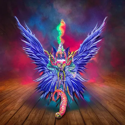 Image similar to multi color smoke with the small ( outstretched ribbed wings and head of a fairytale dragon ), billowy, 8 k, 4 k