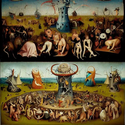 Image similar to A Concert for the Dammed, in the style of The Garden of Earthly Delights by Hieronymus Bosch, featured on Artstation
