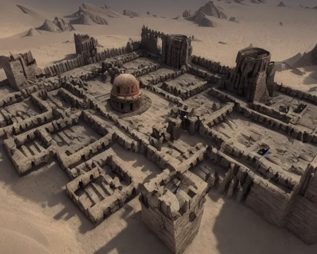 Image similar to the stongest fortress in the world stands in the middle of desert town, a lot of small details, small flags around, magic and sci - fi details, artstation trendings, epic