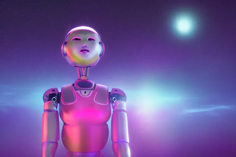 Prompt: a beautiful calm robot girl looking up to the stars, photograph, colorful background, render, 3 d, render, glows, neon, 8 k, 4 d,