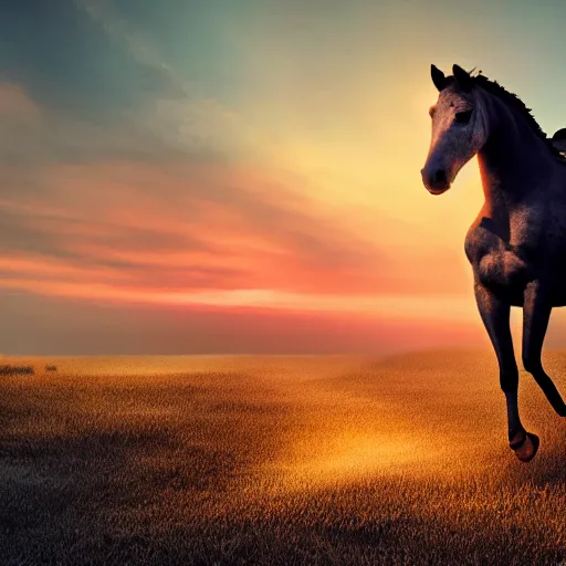 Prompt: a horse riding into a sunset split into a golden ratio grid of 16 frames with the sunset progressing in each frame, volumetric lighting, digital art