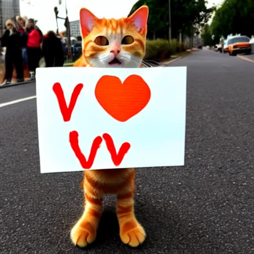 Image similar to orange tabby cat holds sign that says