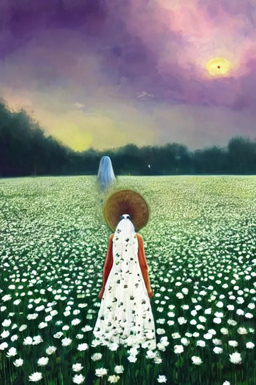 Image similar to giant white daisy flowers as head veil, girl walking in a flower field, surreal photography, sunrise, dramatic light, impressionist painting, colorful clouds, digital painting, artstation, simon stalenhag