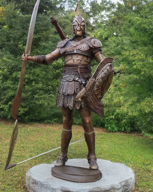 Image similar to a huge bronze statue of a spartanburg warrior holding his spear and shield, god of war, fantasy landscape, photorealistic, atmospheric