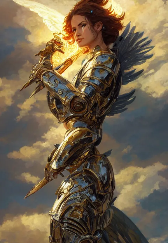 Prompt: A beautiful fierce angel wearing metal battle armor and a flaming sword, among heavenly sunlit clouds, close-up, intricate, elegant, digital painting, golden hour, cinematic, trending on artstation, concept art, smooth, sharp focus, illustration, art by artgerm and Greg Rutkowski and Alphonse Mucha