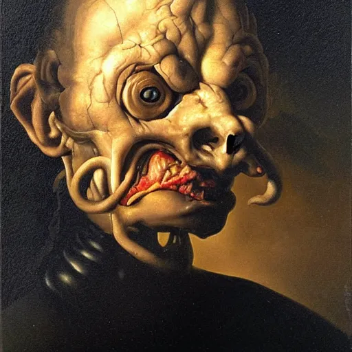 Image similar to oil painting with black background by christian rex van minnen rachel ruysch dali todd schorr of a chiaroscuro portrait of an extremely bizarre disturbing mutated man with acne intense chiaroscuro cast shadows obscuring features dramatic lighting perfect composition masterpiece