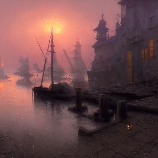 Image similar to an old harbour at dusk by greg ruthkowski and craig mullins and caspar david friedrich