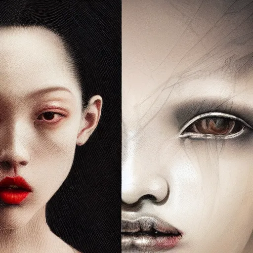 Image similar to Kiko Mizuhara, physically accurate, dramatic dynamic lighting, intricate, elegant, highly detailed, digital painting, artstation, very hyperrealistic, very HR GIGER, Hieronymus Bosch, Francis Bacon, concept art, smooth, sharp focus, illustration, nightmare, somber, very beautiful, fashion photoshoot, cover image, art by artgerm and greg rutkowski and alphonse mucha