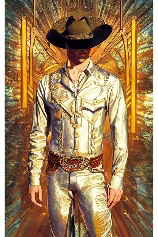 Prompt: a dramatic ethereal epic symmetrical painting of a handsome! cowboy in a shimmering silvery!!! ((golden)) outfit | tarot card, art deco, art nouveau, (steampunk), homoerotic, realistic | by Dresden Codak, by Mark Maggiori and ((((Alphonse Mucha))) | trending on artstation