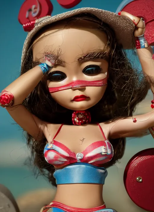 Image similar to closeup of a tin toy bikini girl, depth of field, zeiss lens, detailed, symmetrical, centered, fashion photoshoot, by nicoletta ceccoli, mark ryden, lostfish, earl nore, hyung tae, frank frazetta, breathtaking, 8 k resolution, extremely detailed, beautiful, establishing shot, artistic, hyperrealistic, octane render