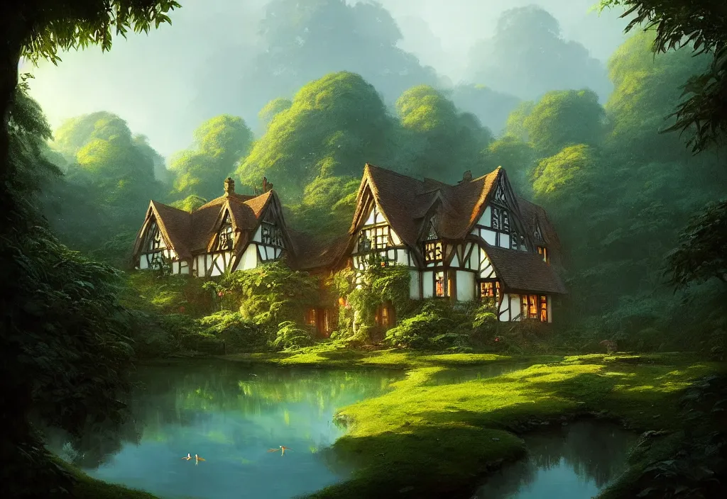Image similar to a small tudor house on a hillside surrounded by jungle with a pond, blue sky, cinematic view, detailed architecture, concept art, high detail, well lit, volumetric, godrays, vivid, trending on artstation, by jordan grimmer, art greg rutkowski