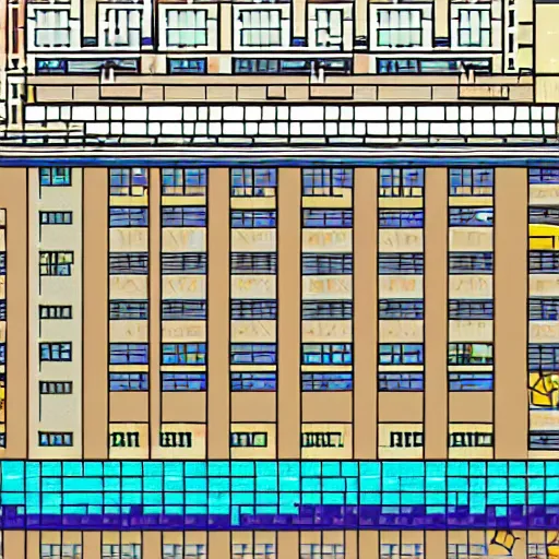 Prompt: a building with a lot of windows on top of it, pixel art by kagaku murakami, behance contest winner, neogeo, anime aesthetic, # pixelart, isometric