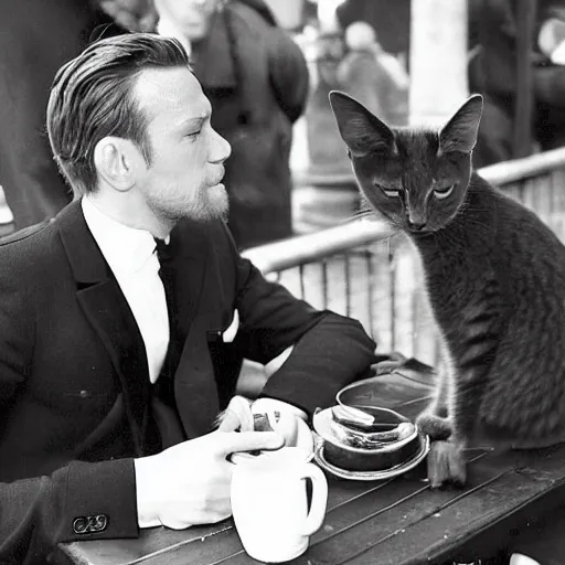 Image similar to mcgregor is dressed as a gentleman at early 2 0 th century paris. he is having a coffee at the banks of river seine. ewan mcgregor has a coffee cup on his hand. next to him is a small brown cat with yellow glowing eyes, by jack kirby