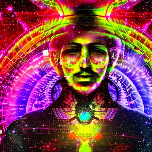 Image similar to a psychedelic cosmic mystic poet in the metaverse, his job is to digitize emotions for new constructions and virtual and artificial creations