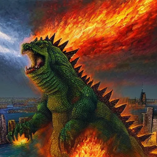 Prompt: a hyper-realistic studio oil-painting of a giant Godzilla destroying new-york in minecraft!!!!!; hyper-detailed; an extraordinary masterpiece!!!; flawless; trending on artstation