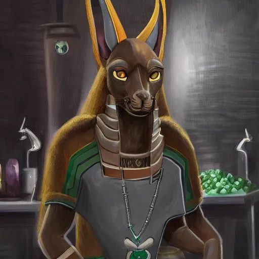 Image similar to Anubis God working at Starbucks, very detailed, artstation, illustration, masterpiece, digital art, Oil Painting, Furry Art