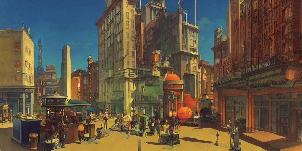 Image similar to A radiant atomic generator building lights up a city square, dieselpunk, by Studio Ghibli and Edward Hopper