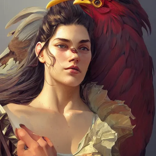 Image similar to portrait of rooster, attractive, casual, modern, highly detailed, digital painting, artstation, concept art, smooth, sharp focus, illustration, art by artgerm, greg rutkowski and alphonse mucha