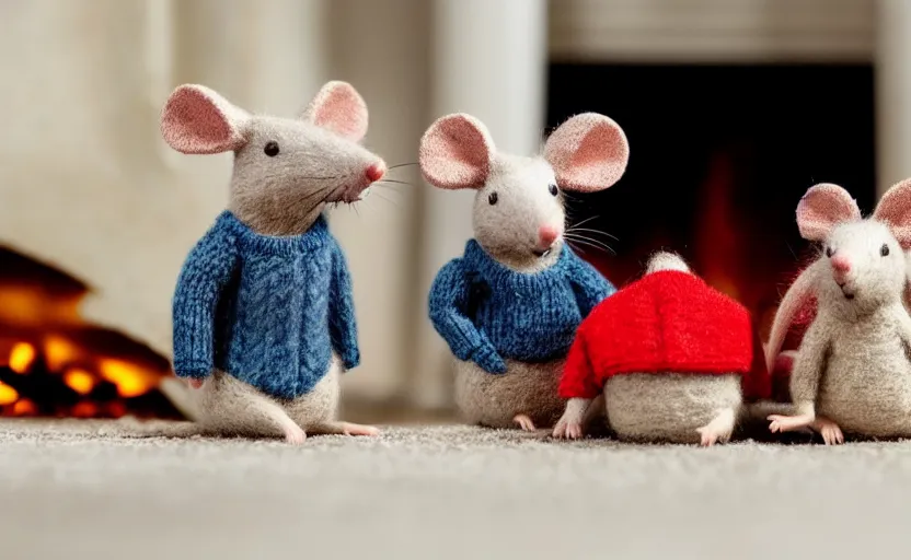 Image similar to a mouse family sitting in front of a fireplace wearing woolen sweater