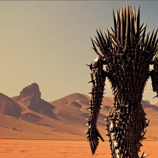 Prompt: a scary cyborg with long spikes walking in the desert, photorealistic, symmetrical 4k