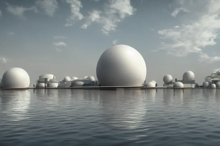 Image similar to many white round spherical buildings, it depends on each other to form a modern science fiction building ， by pierre bernard, on the calm lake, people's perspective, future, interior wood, dusk, unreal engine highly rendered, global illumination, radial light, internal environment