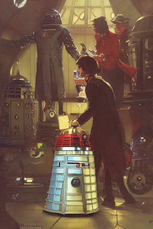 Prompt: Second Doctor, Dalek, TARDIS, by Stanley Artgerm Lau, greg rutkowski, thomas kindkade, alphonse mucha, loish, norman Rockwell