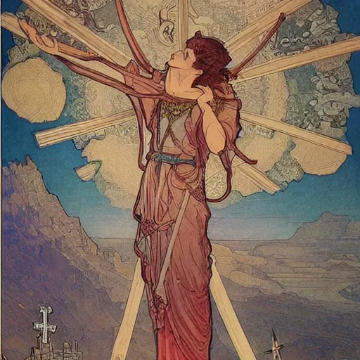 Image similar to a spiritual cross on top of a holy mountain, Mucha, Moebius, Mohrbacher