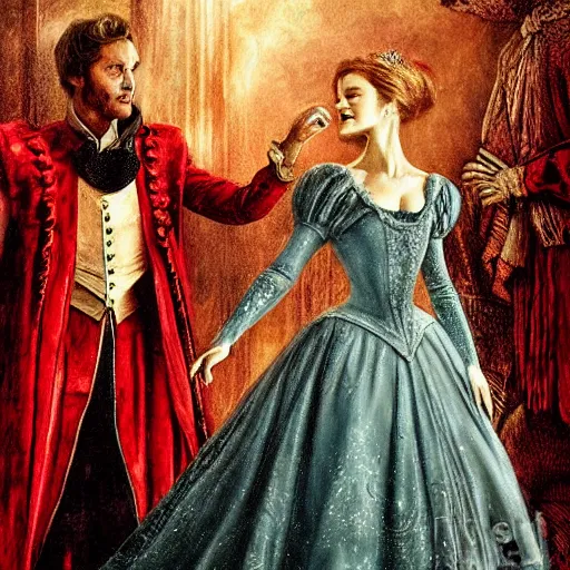 Prompt: realistic portrait charming beautiful painting from Cinderella film scene, when Cinderella become Bloody Mary dance with prince . Horror, created by Gustave Dore.