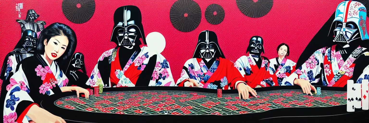 Image similar to hyperrealism composition of the detailed woman in a japanese kimono sitting at an extremely detailed poker table with darth vader, terminator, fireworks on the background, pop - art style, jacky tsai style, andy warhol style, acrylic on canvas