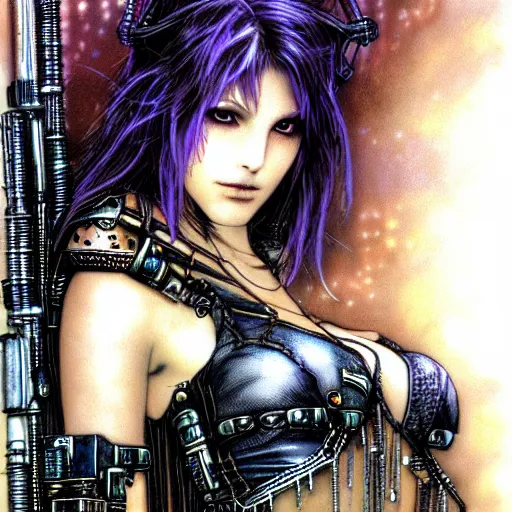 Image similar to an award finning closeup portrait by clyde caldwell and luis royo of a very beautiful and attractive female bohemian cyberpunk traveller aged 2 1 in excessively fashionable cyberpunk gear