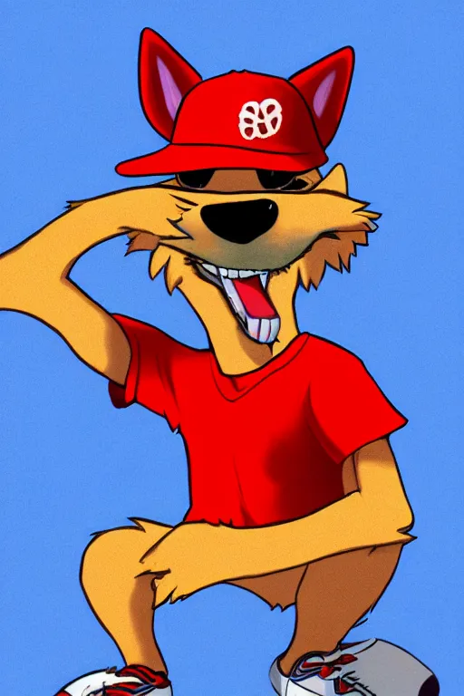 Image similar to a portrait of a stoner anthropomorphic male coyote wearing a red baseball cap and blue t - shirt, furry art, photo, hd, cinematic