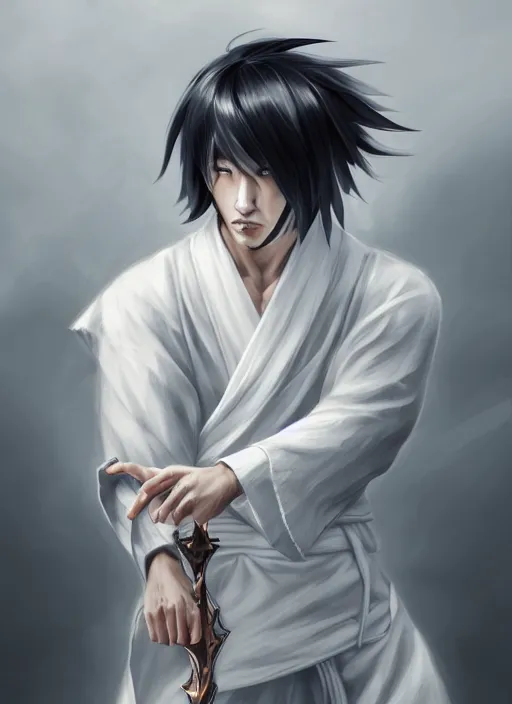 Image similar to a highly detailed illustration of fierce white haired attractive young japanese man wearing white hakama, black eyes, dramatic serious pose, muscular, intricate, elegant, highly detailed, centered, digital painting, artstation, concept art, smooth, sharp focus, league of legends concept art, wlop