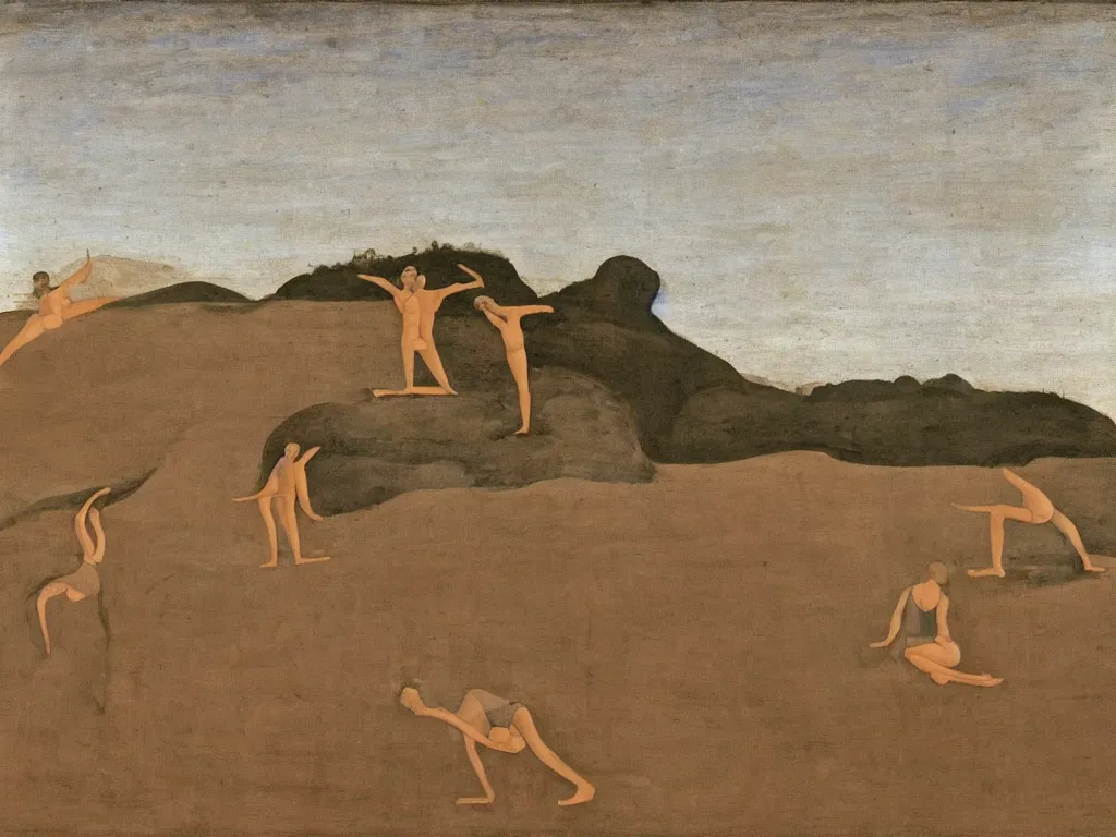 Prompt: Woman and man doing yoga in the sand, mud. Dark gradient sky. Landscape sculpted by Henri Moore. Painting by Piero della Francesca, Morandi, Balthus