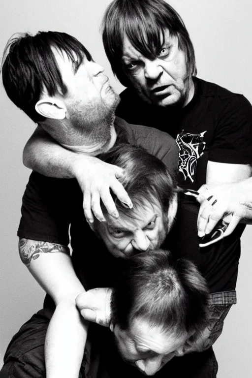 Image similar to Mark E Smith from The Fall strangling Fred Durst from Limp Bizkit