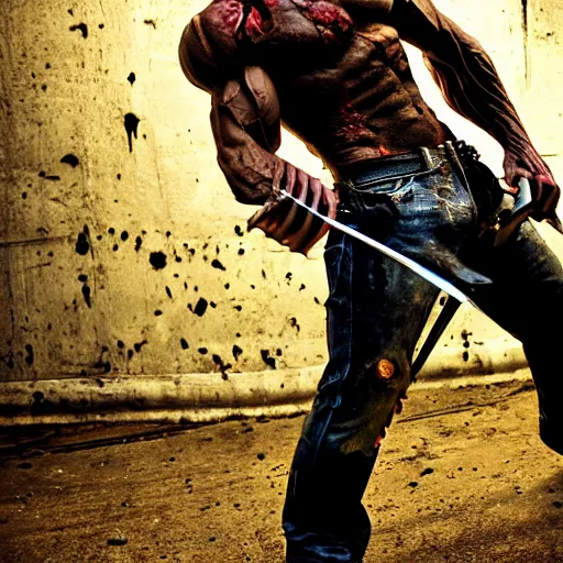 Prompt: wolverine, zombie, butcher, full body shot by yousuf karsh, golden hour, realistic, body shot, sharp focus, 8 k high definition, insanely detailed, intricate, elegant