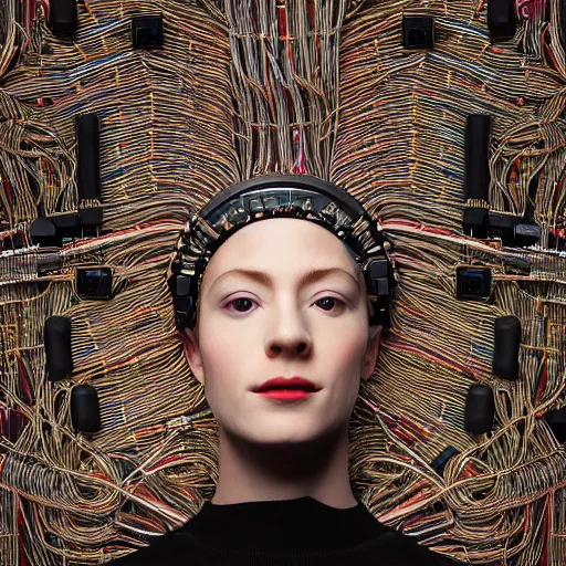 Image similar to tapping in to something greater, piles of modular synth cables, goddess portrait wearing a big headpiece made of circuit boards in a photo shoot for balenziaga, wlop, stanley kubrick, masamune, unique perspective, eastman color, perfect details, trending on artstation, 3 d render, smooth render, wlop