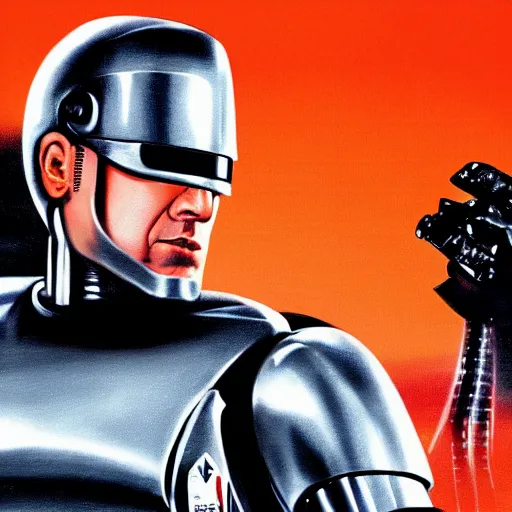 Image similar to a film poster of robocop with nicolas cage, realism, film grain