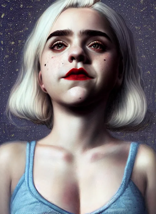 Image similar to full body portrait, kiernan shipka as sabrina spellman, white hair, obese, bangs, sultry, realistic, sultry smirk, fluffy bangs, freckles, fat, belly, intricate, elegant, highly detailed, digital painting, artstation, concept art, smooth, sharp focus, illustration, art by wlop, mars ravelo and greg rutkowski