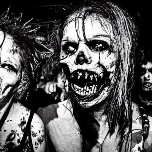 Image similar to zombies at a punk rock concert, highly detailed photo from 1985, black and white