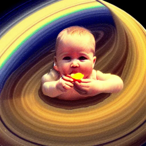 Prompt: a baby eating the planet Saturn