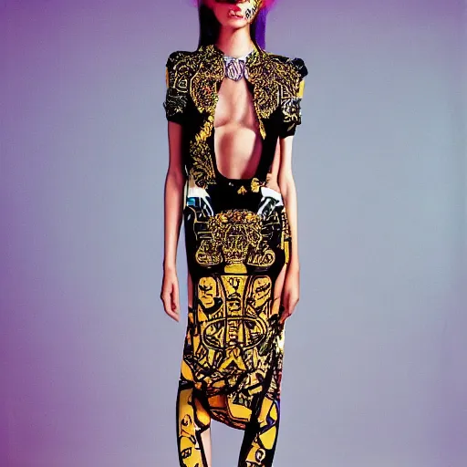 Image similar to A fashion model in dress with a print of a female body, in year 3000, Versace editorial, highly detailed