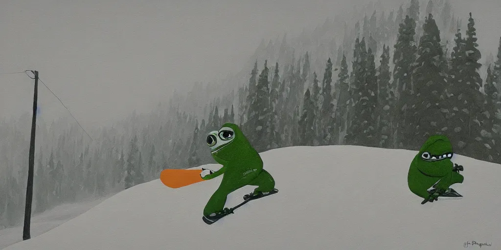 Image similar to pepe the frog snowboarding, gloomy landscape, painted by christopher radlund