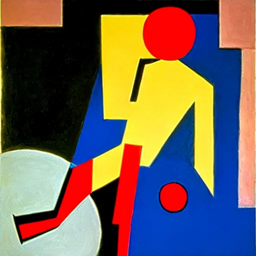 Image similar to melancholic complex suprematism painting of mechanic formed figure working on an sphere machine in height by malevich, throwing hard long shadows in complex construct room by oskar schlemmer, edward hopper vibe, liminal space, oil on canvas