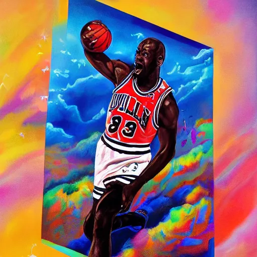 Image similar to A beautiful, surreal, hyperdetailed portrait painting of a Air Jordan 1 wearing Michael Jordan as a shoe in the style of Fewocious, hyperrealistic, 8K, HD, trending on artstation