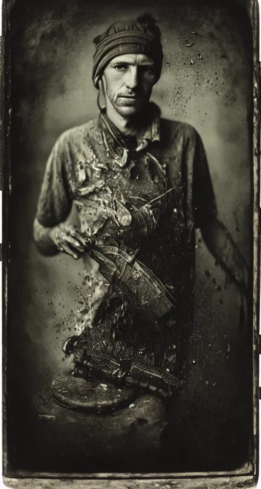 Image similar to a highly detailed wet plate photograph, a portrait of a hunter