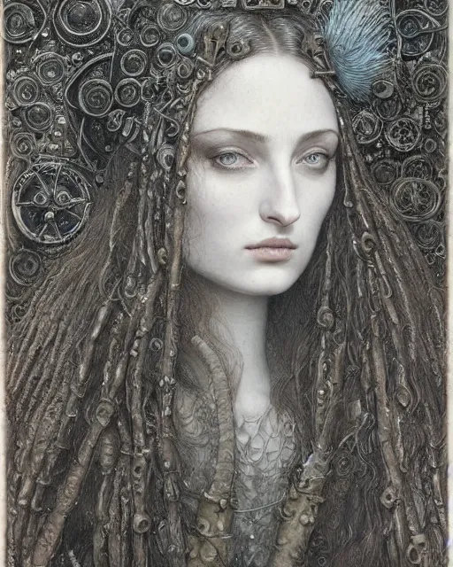 Prompt: in the style of beautiful sophie turner, steampunk, detailed and intricate by jean delville, gustave dore and marco mazzoni, symbolist, visionary, gothic, pre - raphaelite