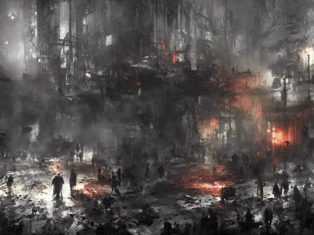 Image similar to detailed hell scene with people suffering and ghost, volumetric lighting, painting by jeremy mann