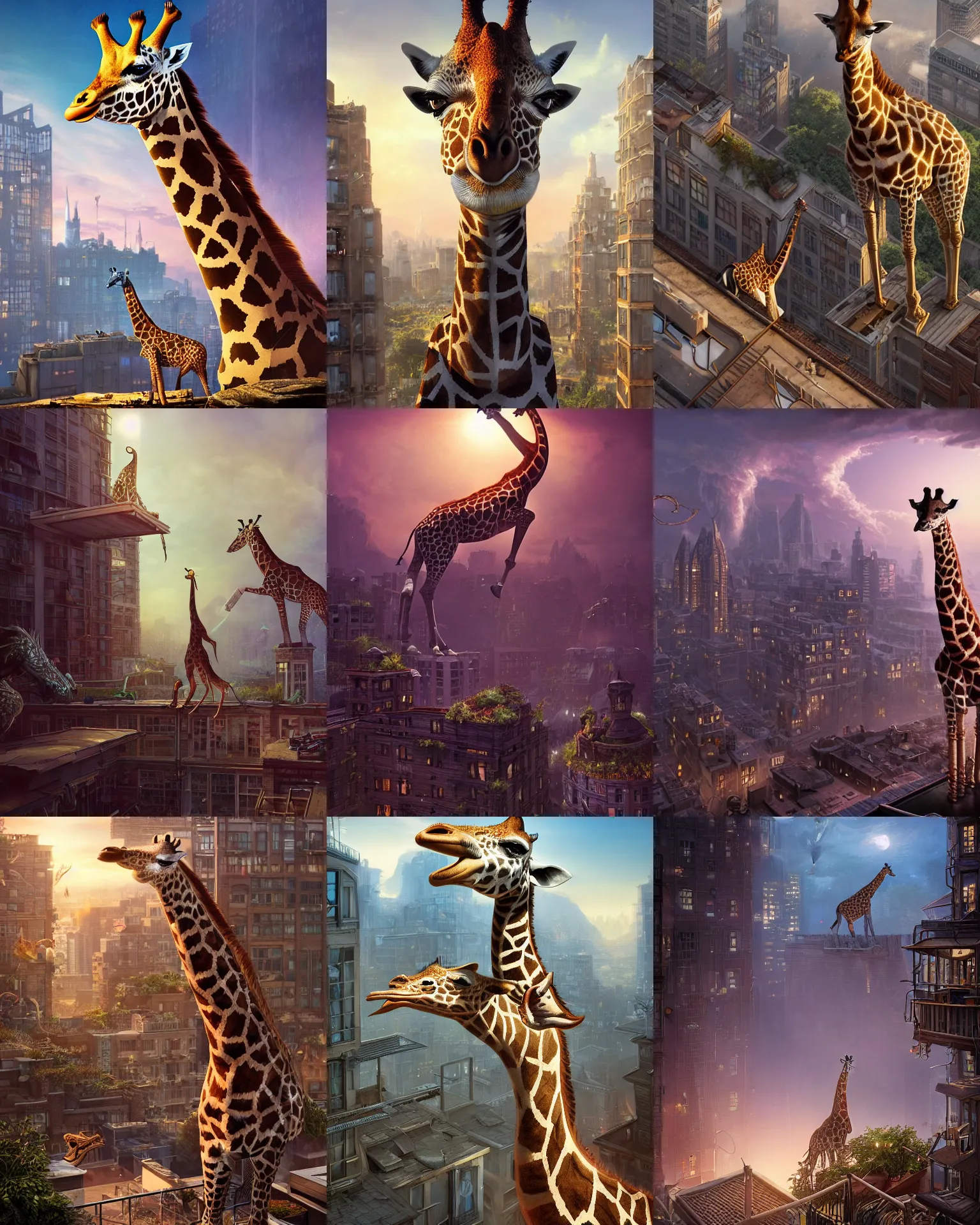 Prompt: rooftop occupied by a giraffe, fantasy, intricate, epic lighting, cinematic composition, hyper realistic, 8 k resolution, unreal engine 5, by artgerm, tooth wu, dan mumford, beeple, wlop, rossdraws, james jean, marc simonetti, artstation