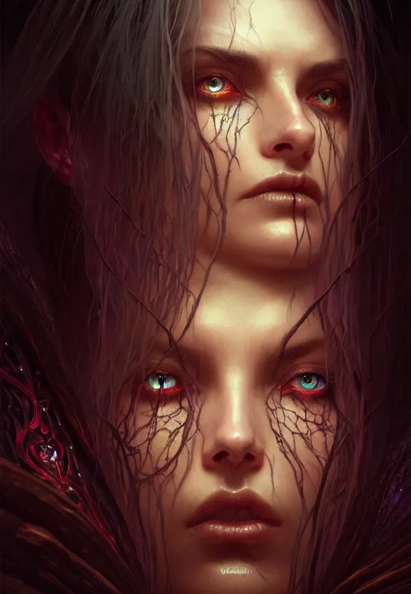 Image similar to Necromancer Sorceress face close-up macro in center, fantasy magic, undercut hairstyle, dark light night, intricate, elegant, sharp focus, illustration, highly detailed, digital painting, concept art, matte, art by WLOP and Artgerm and Greg Rutkowski and Alphonse Mucha, masterpiece