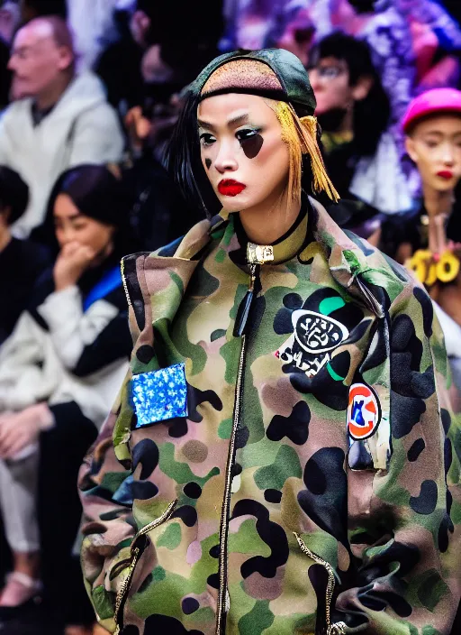 Image similar to hyperrealistic and heavy detailed bape avant garde runway show of movie the fifth element, leica sl 2 5 0 mm, vivid color, high quality, high textured, real life